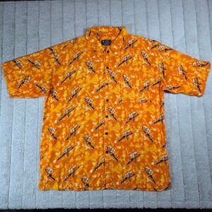 K.A.D. Clothing Co Mens 2XL Orange Samurai Warrior Print Rayon Button Down Shirt